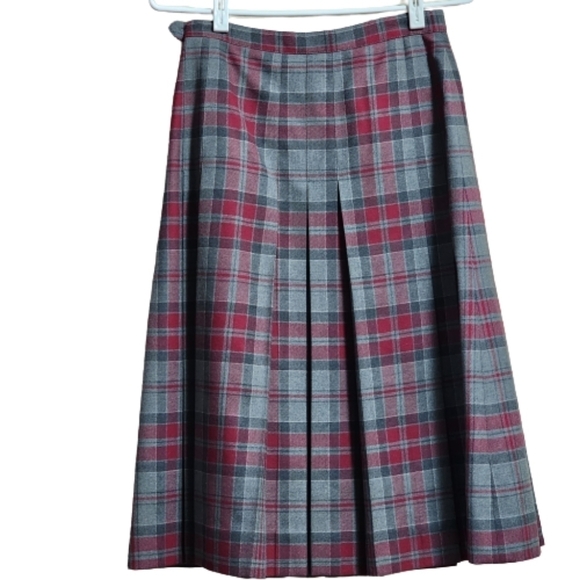 Aljeans canada wool plaid tartan pleated midi skirt color grey and red s… - Picture 2 of 5